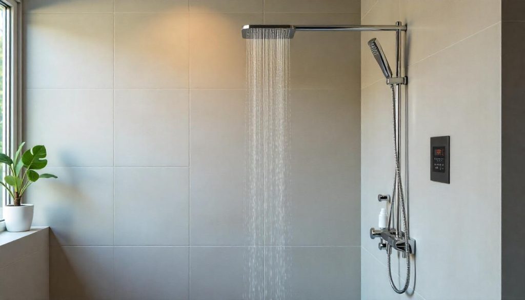 modern shower with a water-efficient rain head and a timer on the wall