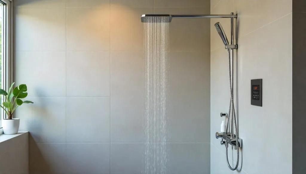 modern shower with a water-efficient rain head and a timer on the wall