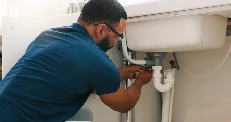 plumber inspecting a blocked commercial sink