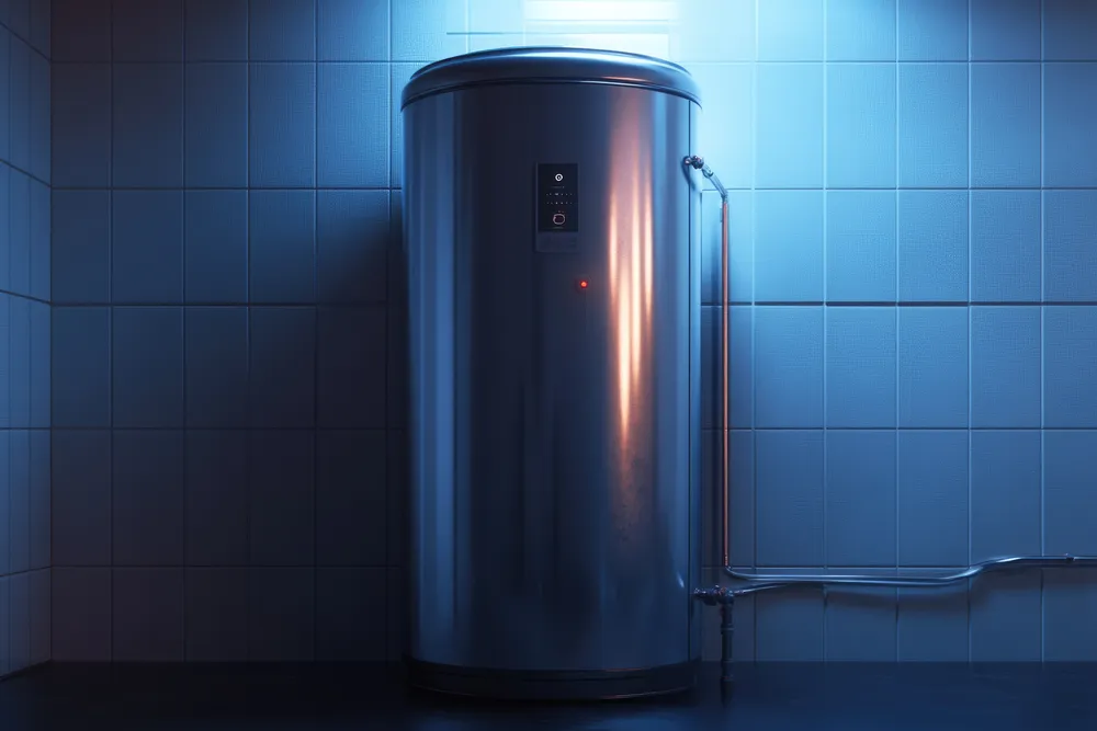 A standard electric hot water storage cylinder with its temperature controls visible