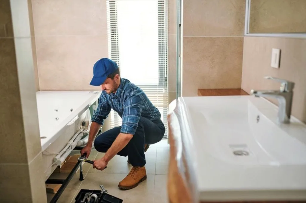 professional contractor at work in a bathroom renovation