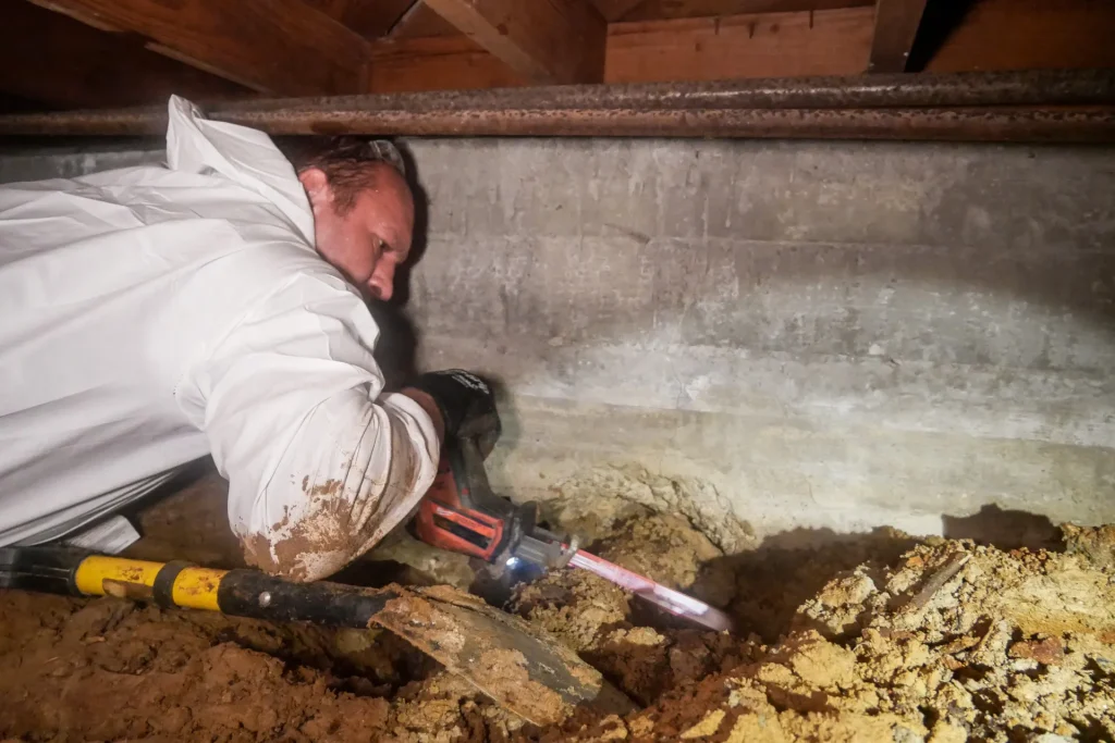 A professional plumber inspecting outdoor pipes on a coastal home