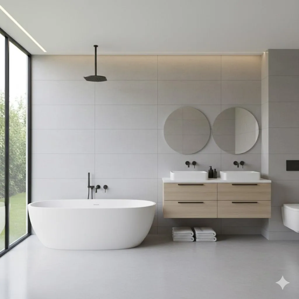 A minimalist modern bathroom with a freestanding tub and chic fixtures.